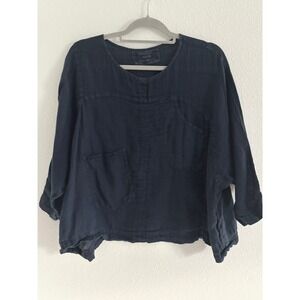 Grizas Top Womens XS Navy Linen Lagenlook Minimalist Capsule Oversized Boxy